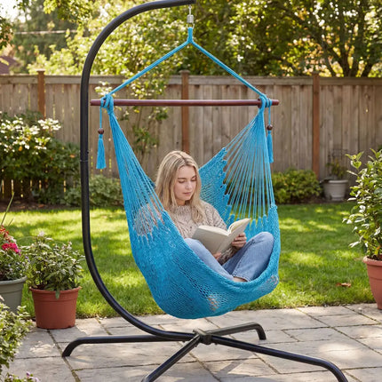 Caribbean Hammock Chair with Metal Spreader Bar Woven Rope Swing-Blue - Blue - Hammocks