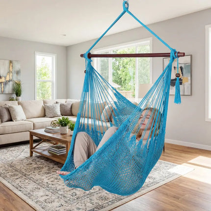 Caribbean Hammock Chair with Metal Spreader Bar Woven Rope Swing-Blue - Blue - Hammocks