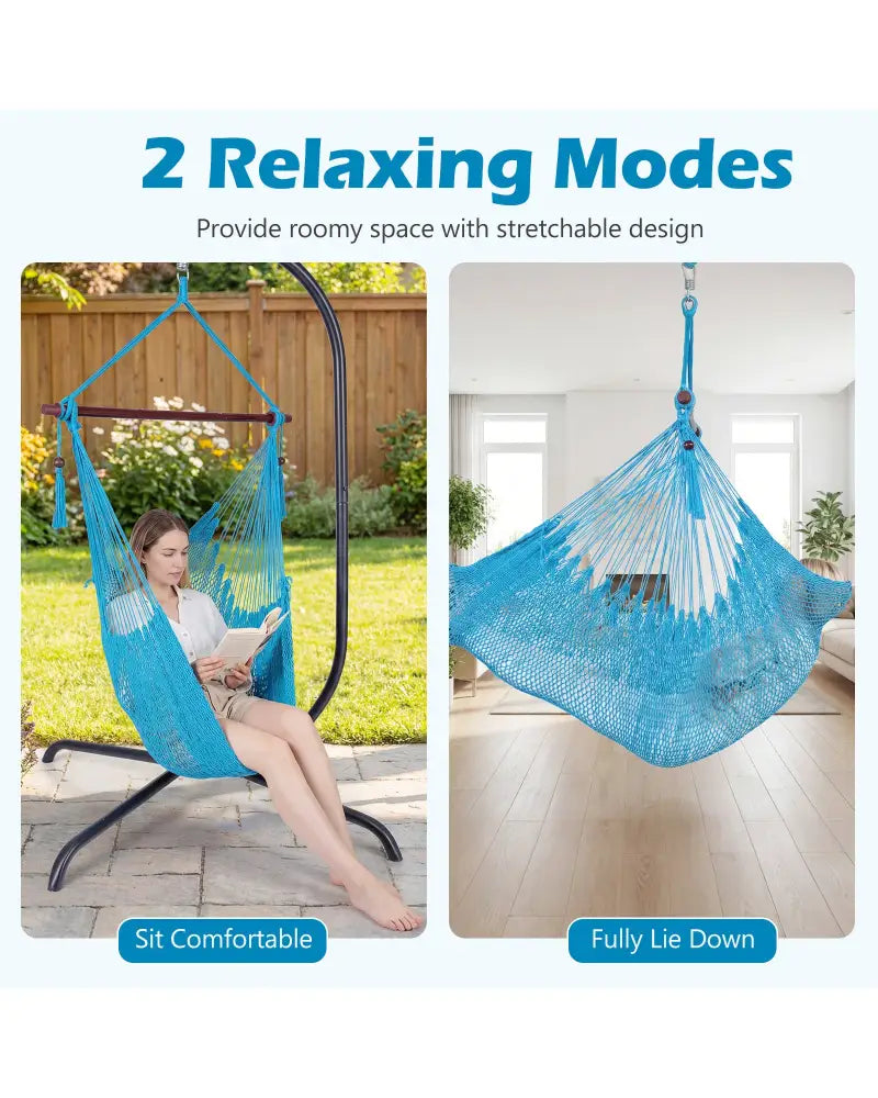 Caribbean Hammock Chair with Metal Spreader Bar Woven Rope Swing-Blue - Blue - Hammocks