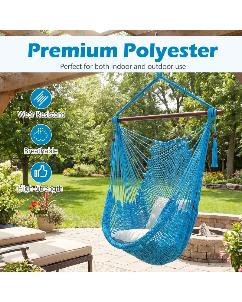 Caribbean Hammock Chair with Metal Spreader Bar Woven Rope Swing-Blue - Blue - Hammocks