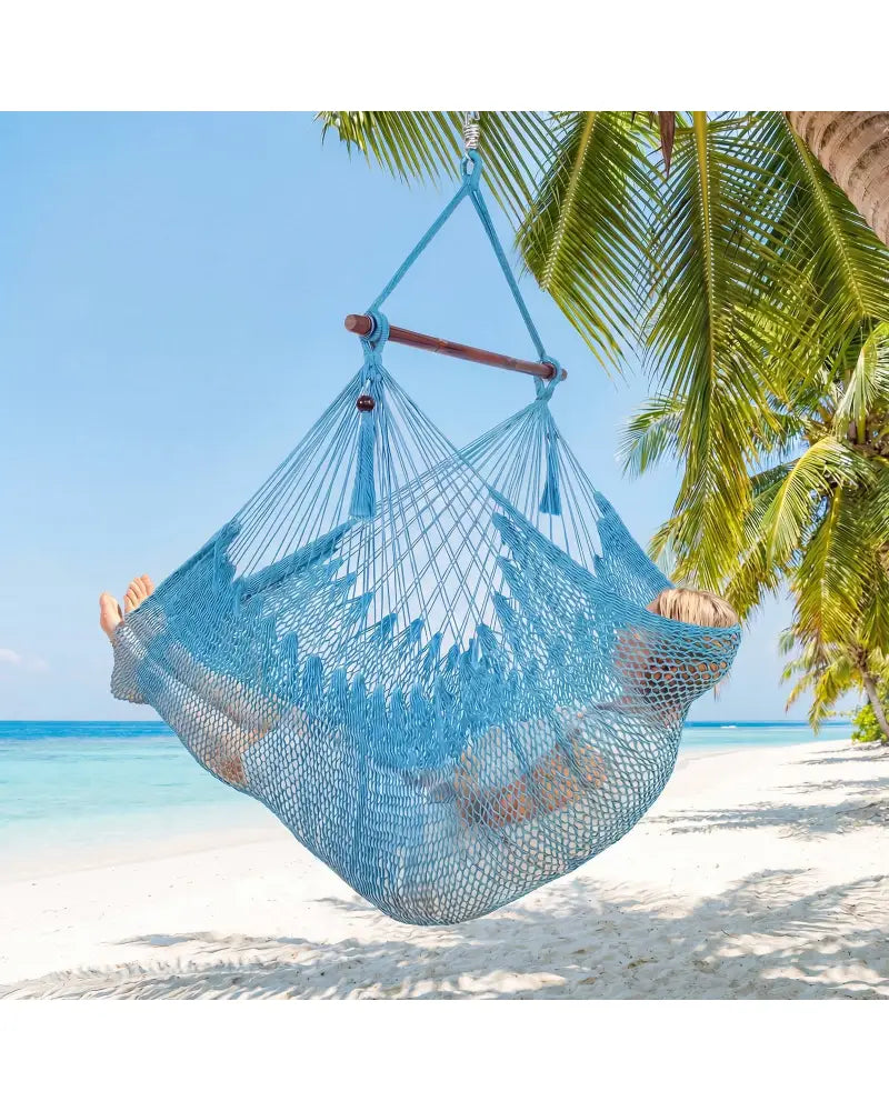 Caribbean Hammock Chair with Metal Spreader Bar Woven Rope Swing-Blue - Blue - Hammocks