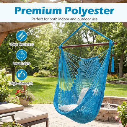 Caribbean Hammock Chair with Metal Spreader Bar Woven Rope Swing-Blue - Blue - Hammocks