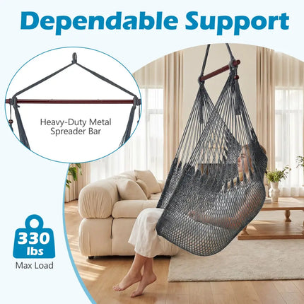 Caribbean Hammock Chair with Metal Spreader Bar Woven Rope Swing-Gray - Gray - Hammocks