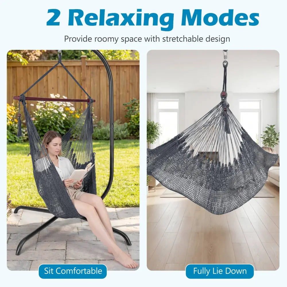 Caribbean Hammock Chair with Metal Spreader Bar Woven Rope Swing-Gray - Gray - Hammocks