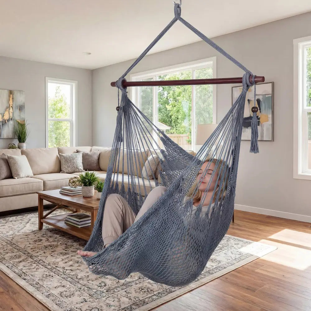 Caribbean Hammock Chair with Metal Spreader Bar Woven Rope Swing-Gray - Gray - Hammocks