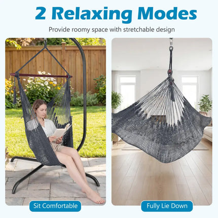 Caribbean Hammock Chair with Metal Spreader Bar Woven Rope Swing-Gray - Gray - Hammocks