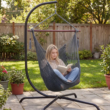 Caribbean Hammock Chair with Metal Spreader Bar Woven Rope Swing-Gray - Gray - Hammocks