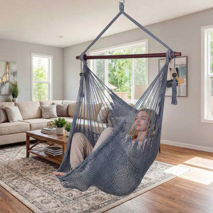 Caribbean Hammock Chair with Metal Spreader Bar Woven Rope Swing-Gray - Gray - Hammocks