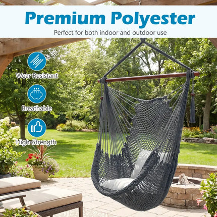 Caribbean Hammock Chair with Metal Spreader Bar Woven Rope Swing-Gray - Gray - Hammocks