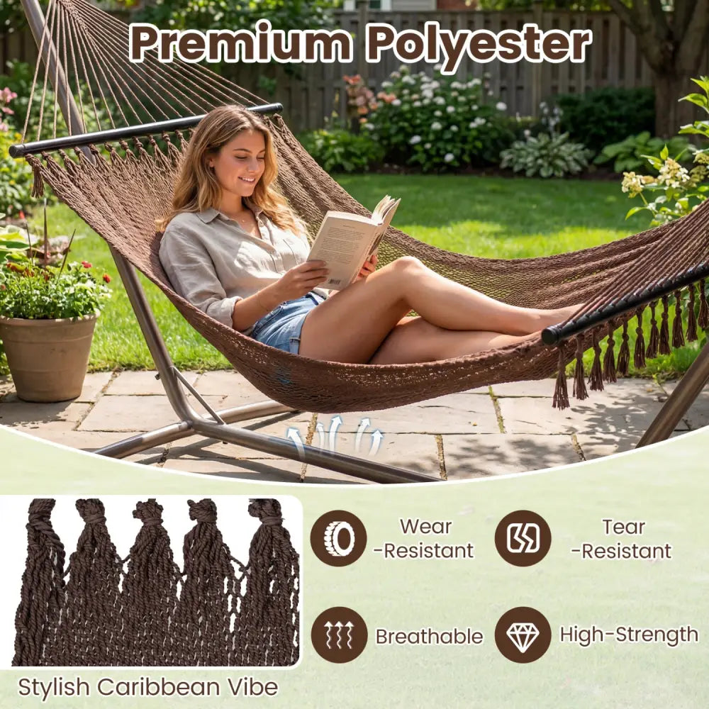 Caribbean Hammock with Spreader Bar for Patio Poolside-Brown - Brown - Hammocks
