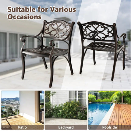 Cast Aluminum Dining Chairs Set of 2 with Patio Chairs Armrests Flower Pattern-Bronze - Bronze - Patio Dining Chairs