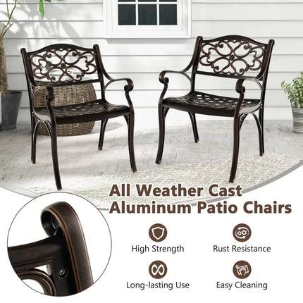 Cast Aluminum Dining Chairs Set of 2 with Patio Chairs Armrests Flower Pattern-Bronze - Bronze - Patio Dining Chairs