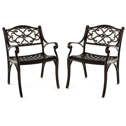Cast Aluminum Dining Chairs Set of 2 with Patio Chairs Armrests Flower Pattern-Bronze - Bronze - Patio Dining Chairs