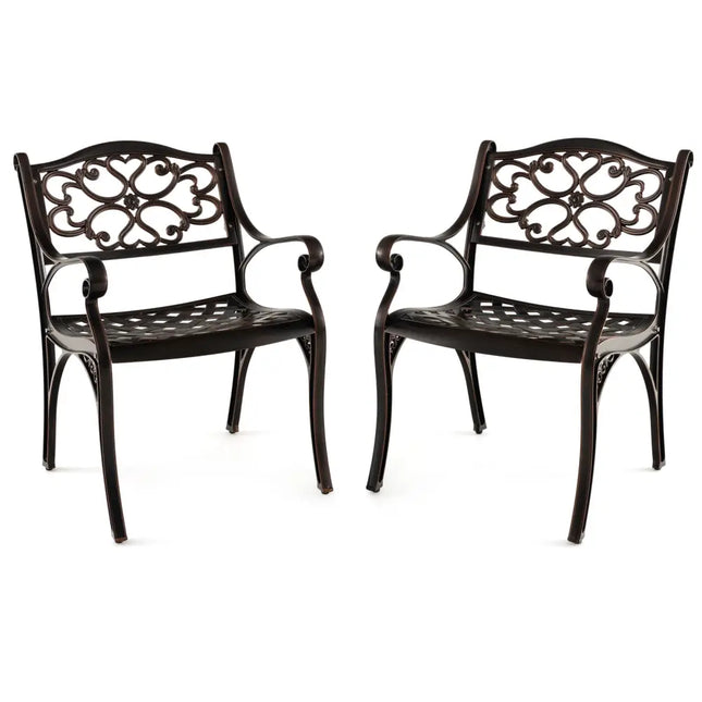 Cast Aluminum Dining Chairs Set of 2 with Patio Chairs Armrests Flower Pattern-Bronze - Bronze - Patio Dining Chairs