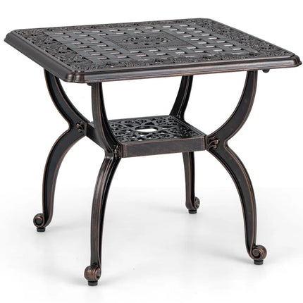 Cast Aluminum Outdoor Side Table with Storage Shelf for Garden Porch Balcony-Rustic Brown - Rustic Brown - Patio Coffee