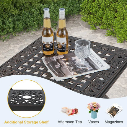 Cast Aluminum Outdoor Side Table with Storage Shelf for Garden Porch Balcony-Rustic Brown - Rustic Brown - Patio Coffee