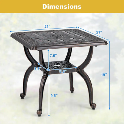 Cast Aluminum Outdoor Side Table with Storage Shelf for Garden Porch Balcony-Rustic Brown - Rustic Brown - Patio Coffee