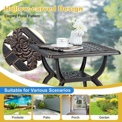 Cast Aluminum Outdoor Side Table with Storage Shelf for Garden Porch Balcony-Rustic Brown - Rustic Brown - Patio Coffee