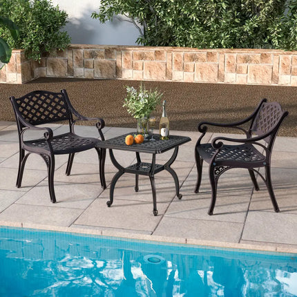 Cast Aluminum Outdoor Side Table with Storage Shelf for Garden Porch Balcony-Rustic Brown - Rustic Brown - Patio Coffee