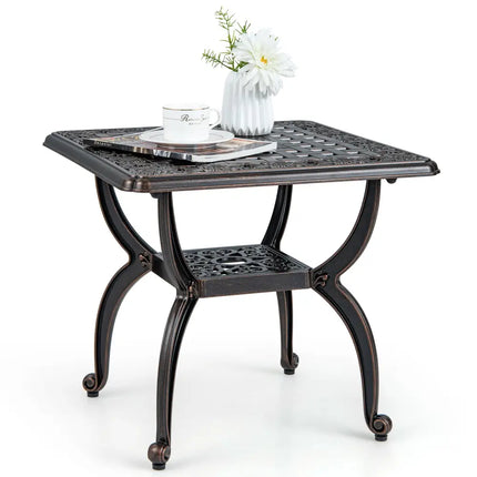 Cast Aluminum Outdoor Side Table with Storage Shelf for Garden Porch Balcony-Rustic Brown - Rustic Brown - Patio Coffee