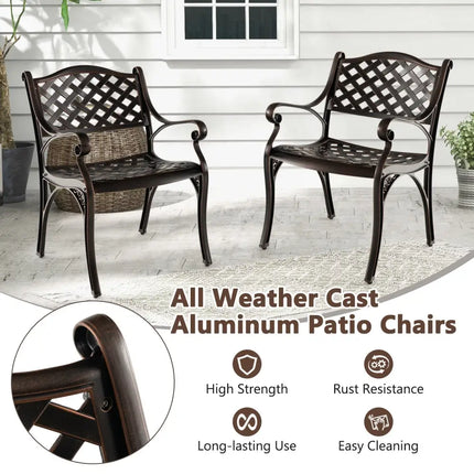 Cast Aluminum Patio Chairs Set of 2 Dining Chairs with Armrests Diamond Pattern-Bronze - Bronze - Patio Dining Chairs