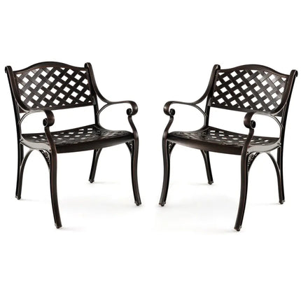 Cast Aluminum Patio Chairs Set of 2 Dining Chairs with Armrests Diamond Pattern-Bronze - Bronze - Patio Dining Chairs