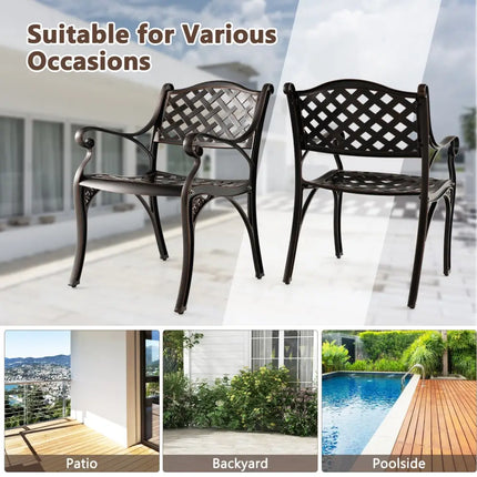 Cast Aluminum Patio Chairs Set of 2 Dining Chairs with Armrests Diamond Pattern-Bronze - Bronze - Patio Dining Chairs