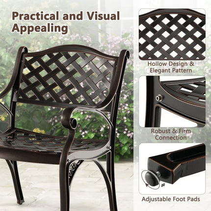 Cast Aluminum Patio Chairs Set of 2 Dining Chairs with Armrests Diamond Pattern-Bronze - Bronze - Patio Dining Chairs