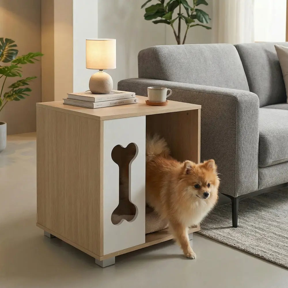 Cat Bed Side Table Wooden Cat Condo with Bone-shape Window and Thick Metal Legs-Natural - Natural - Dog Kennels