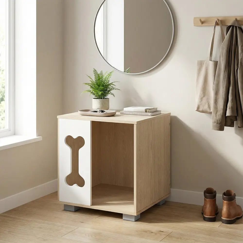 Cat Bed Side Table Wooden Cat Condo with Bone-shape Window and Thick Metal Legs-Natural - Natural - Dog Kennels