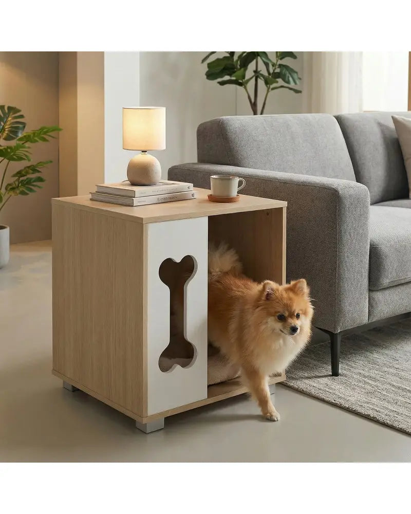 Cat Bed Side Table Wooden Cat Condo with Bone-shape Window and Thick Metal Legs-Natural - Natural - Dog Kennels