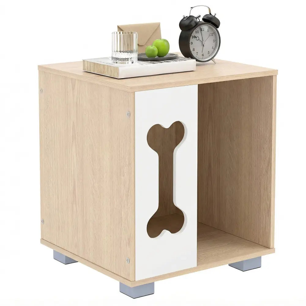 Cat Bed Side Table Wooden Cat Condo with Bone-shape Window and Thick Metal Legs-Natural - Natural - Dog Kennels