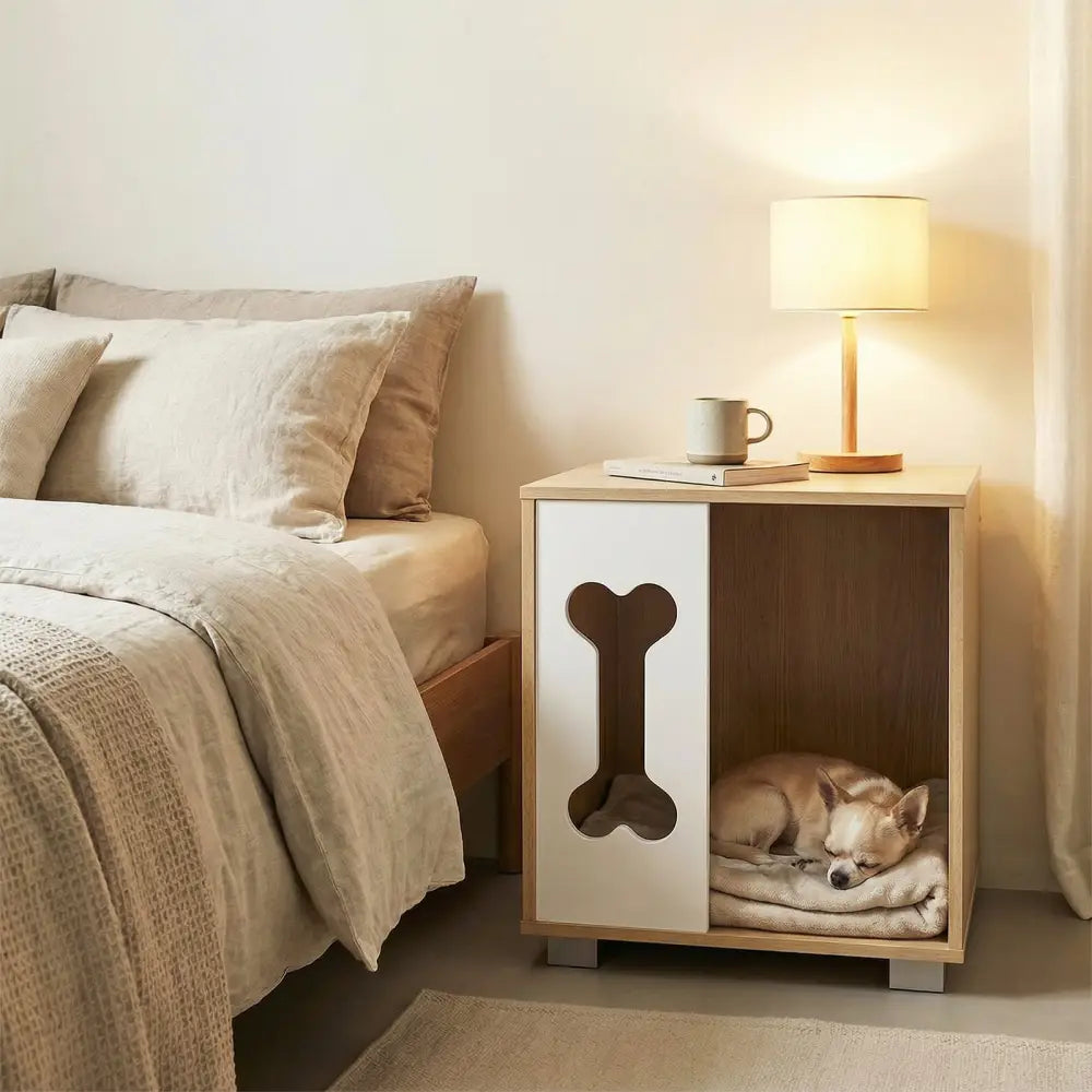 Cat Bed Side Table Wooden Cat Condo with Bone-shape Window and Thick Metal Legs-Natural - Natural - Dog Kennels