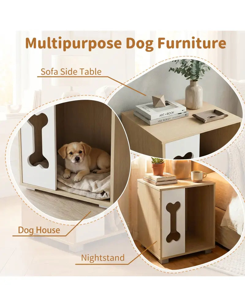 Cat Bed Side Table Wooden Cat Condo with Bone-shape Window and Thick Metal Legs-Natural - Natural - Dog Kennels
