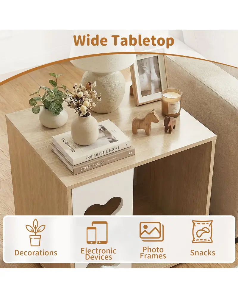Cat Bed Side Table Wooden Cat Condo with Bone-shape Window and Thick Metal Legs-Natural - Natural - Dog Kennels
