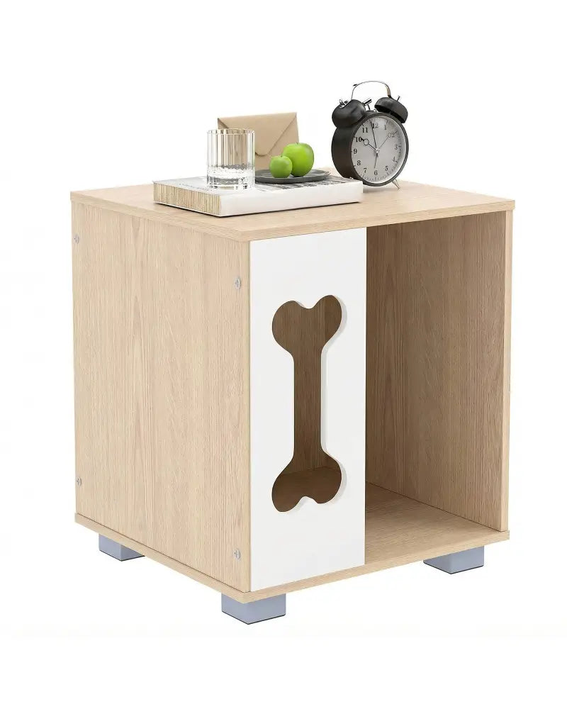 Cat Bed Side Table Wooden Cat Condo with Bone-shape Window and Thick Metal Legs-Natural - Natural - Dog Kennels
