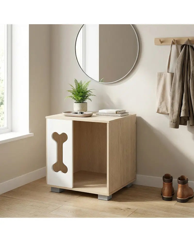 Cat Bed Side Table Wooden Cat Condo with Bone-shape Window and Thick Metal Legs-Natural - Natural - Dog Kennels