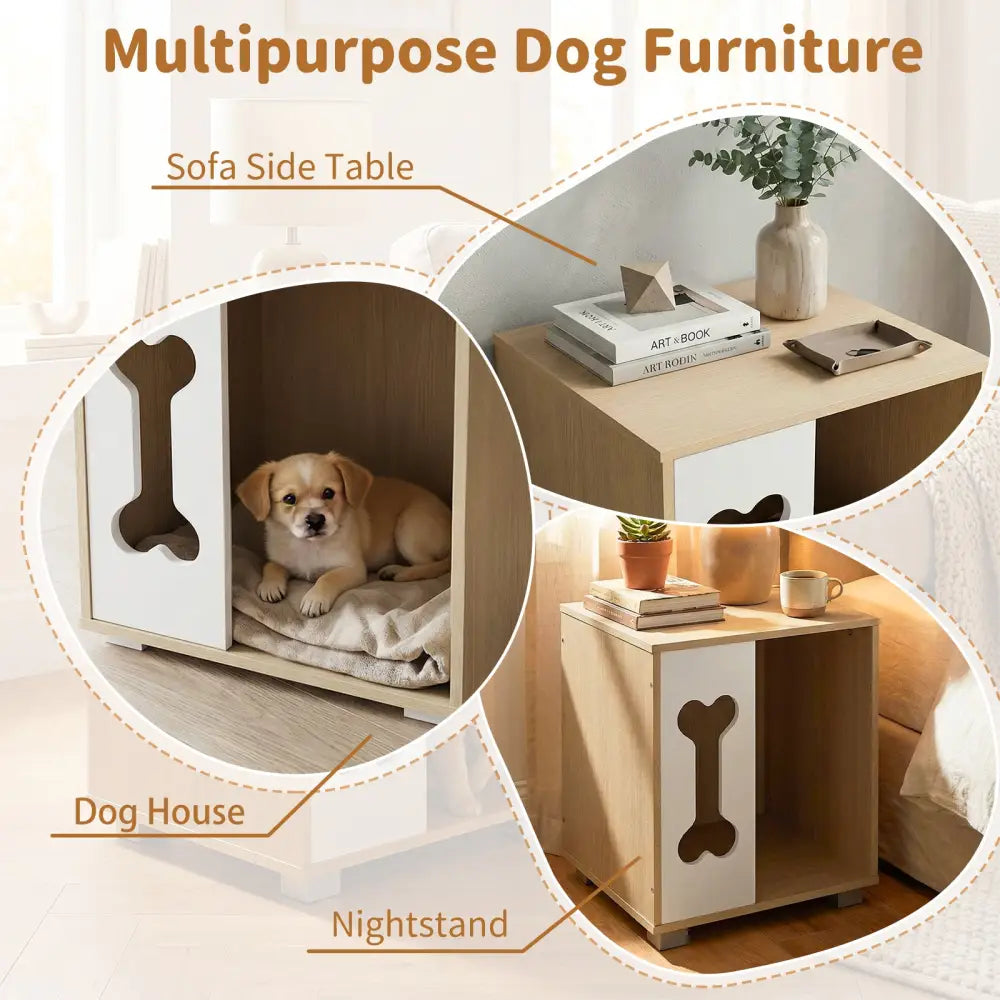 Cat Bed Side Table Wooden Cat Condo with Bone-shape Window and Thick Metal Legs-Natural - Natural - Dog Kennels