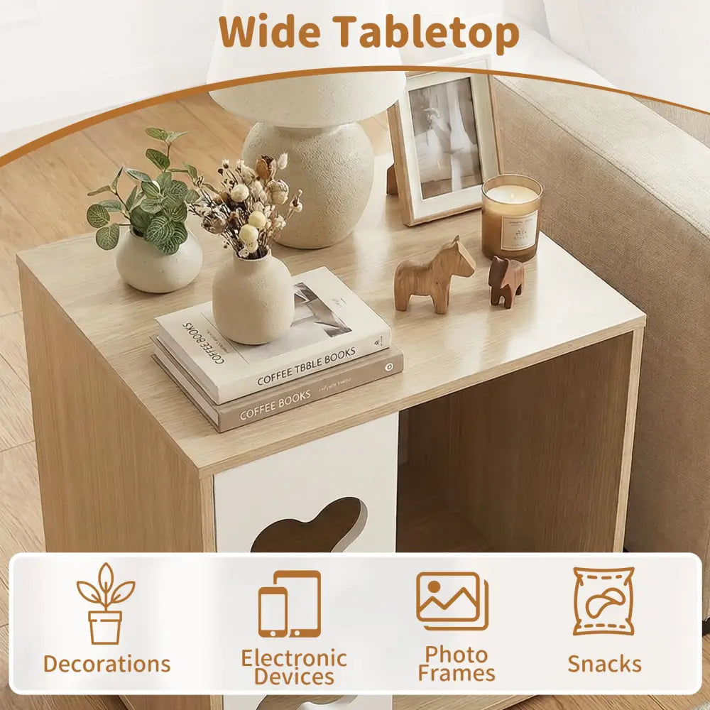 Cat Bed Side Table Wooden Cat Condo with Bone-shape Window and Thick Metal Legs-Natural - Natural - Dog Kennels