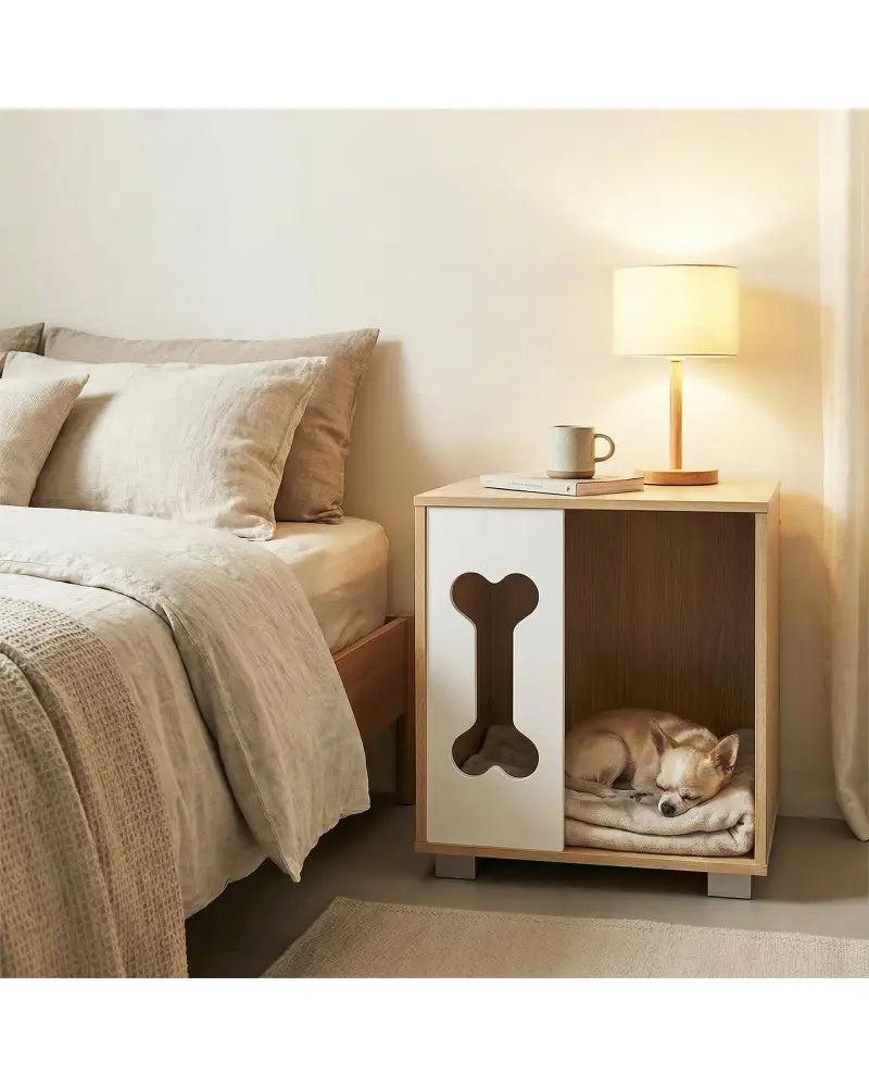 Cat Bed Side Table Wooden Cat Condo with Bone-shape Window and Thick Metal Legs-Natural - Natural - Dog Kennels