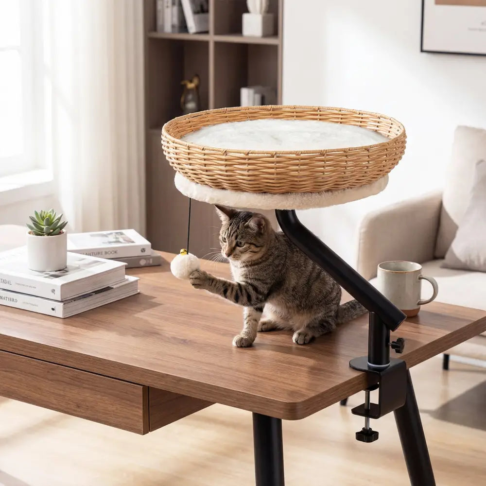 Cat Desk Bed with Removable Padded Cushion for Indoor Cats-Natural - Natural - Cat Houses