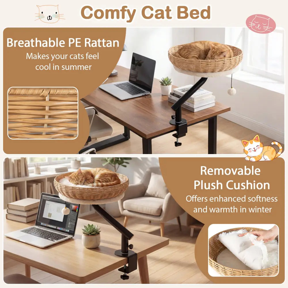 Cat Desk Bed with Removable Padded Cushion for Indoor Cats-Natural - Natural - Cat Houses