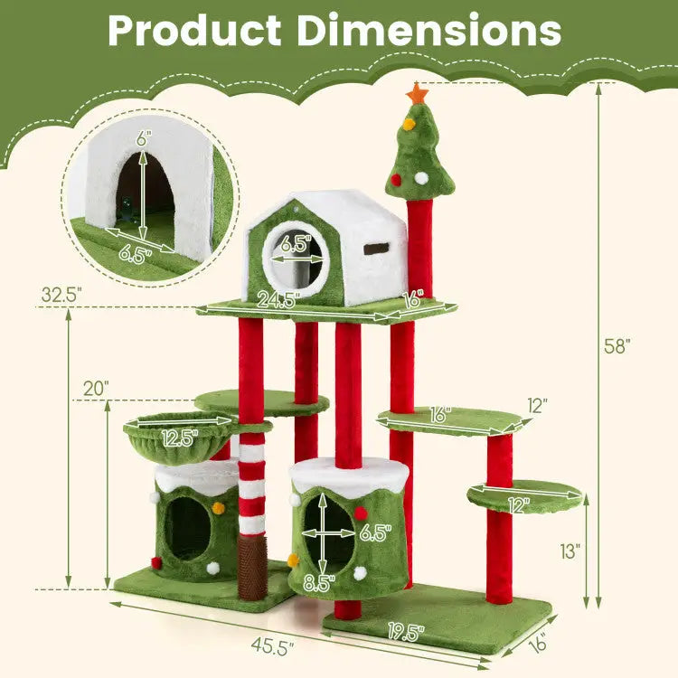 Cat Furniture Set with 58 Inch Tall Cat Tree Tower and 2 Gift Box Shaped Cute Christmas Cat House - Cat Supplies