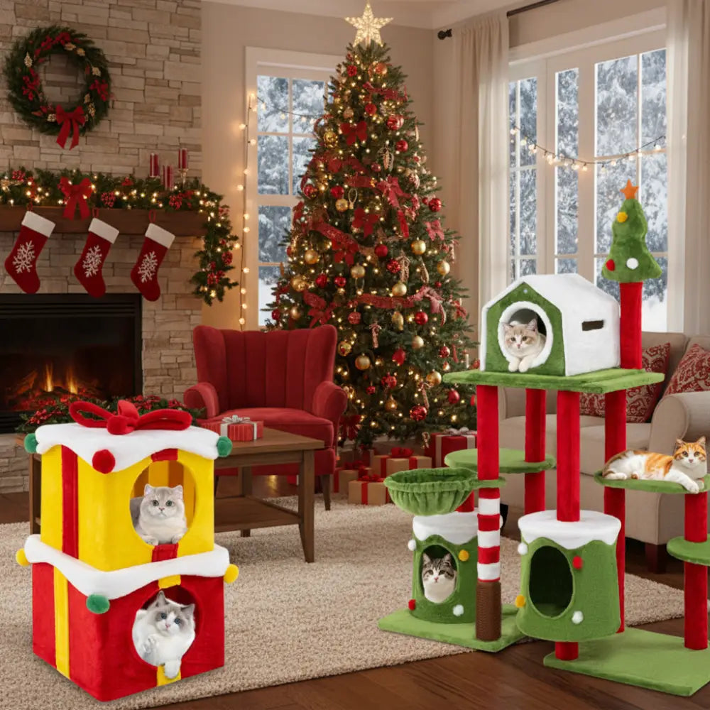 Cat Furniture Set with 58 Inch Tall Cat Tree Tower and 2 Gift Box Shaped Cute Christmas Cat House - Cat Supplies