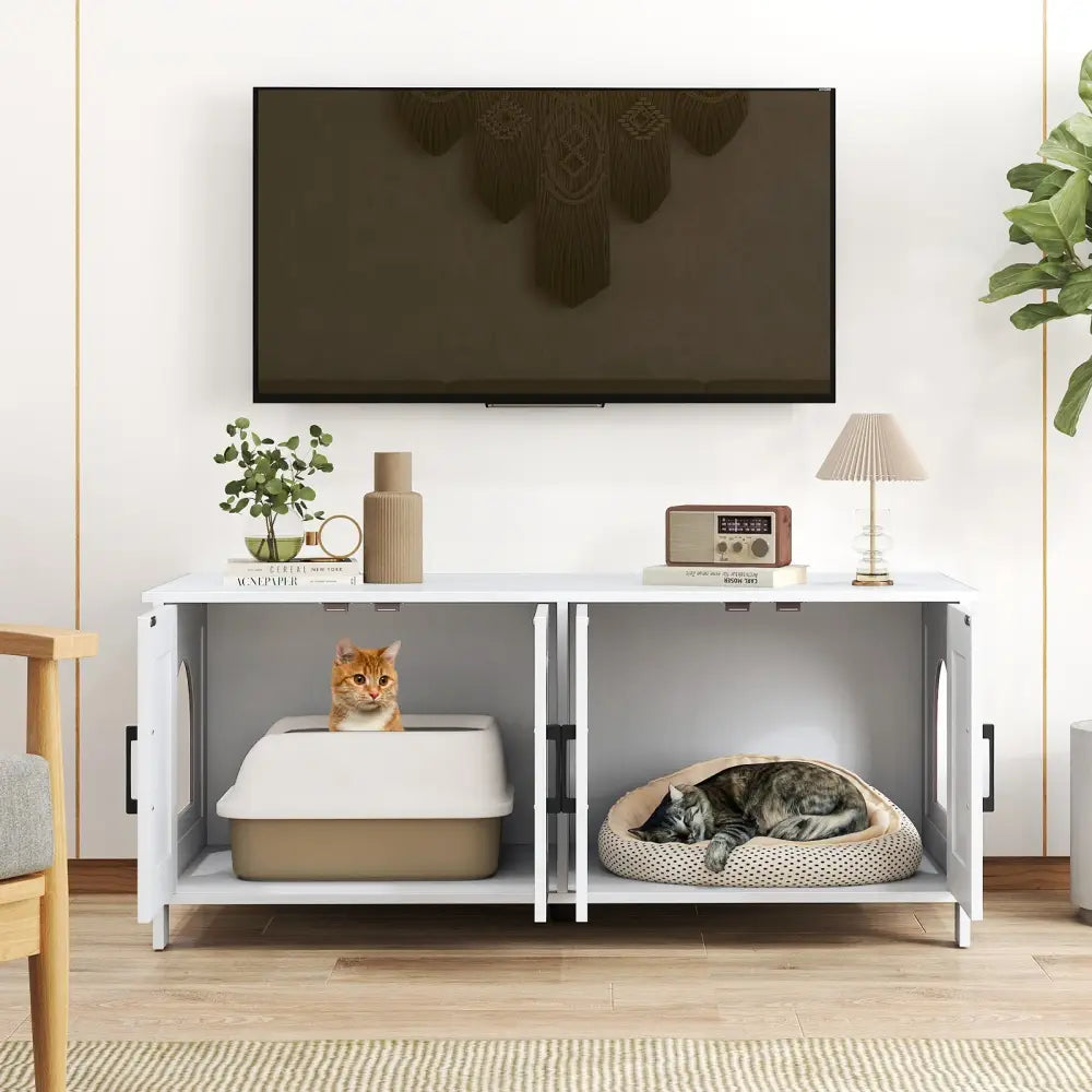 Cat Litter Box Enclosure for 2 Cats Modern Kitty Litter Box Furniture Hidden-White - White - Cat Houses