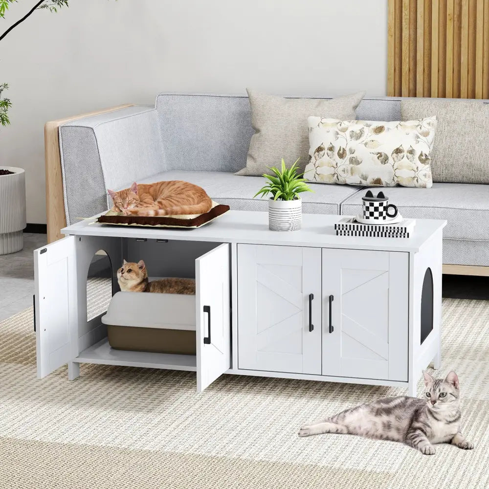 Cat Litter Box Enclosure for 2 Cats Modern Kitty Litter Box Furniture Hidden-White - White - Cat Houses