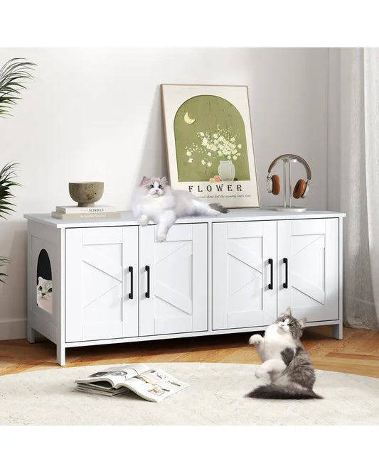 Cat Litter Box Enclosure for 2 Cats Modern Kitty Litter Box Furniture Hidden-White - White - Cat Houses