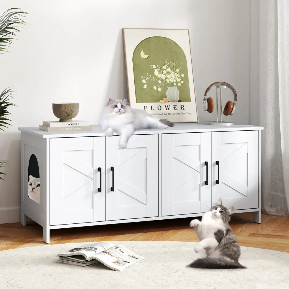 Cat Litter Box Enclosure for 2 Cats Modern Kitty Litter Box Furniture Hidden-White - White - Cat Houses