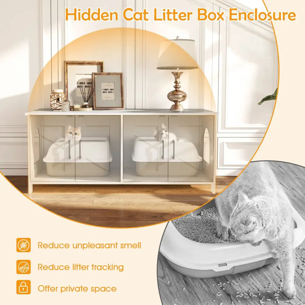 Cat Litter Box Enclosure for 2 Cats Modern Kitty Litter Box Furniture Hidden-White - White - Cat Houses