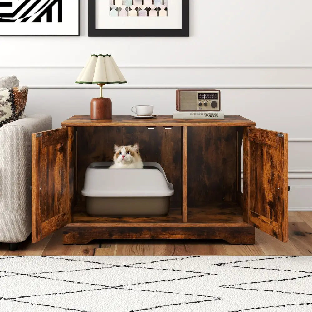 Cat Litter Box Enclosure Furniture Indoor Wooden Cat House End Side Table Nightstand-Brown - Brown - Cat Supplies